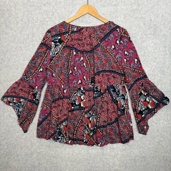 Entro Floral Tunic With Bell Sleeves Blouse Top-Red/Blue-Women Size Large - Picture 6 of 7